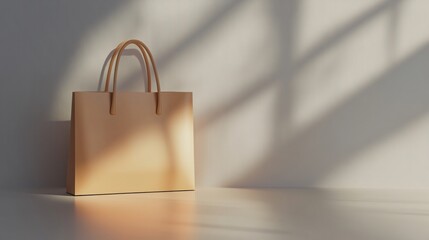 Plain Beige Eco Friendly Shopping Bag on White Surface with Shadows and Contemporary Feel made with Generative AI technology