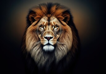 Fototapeta premium A majestic lion with a calm yet intense gaze fills the frame, its fur detailed and textured