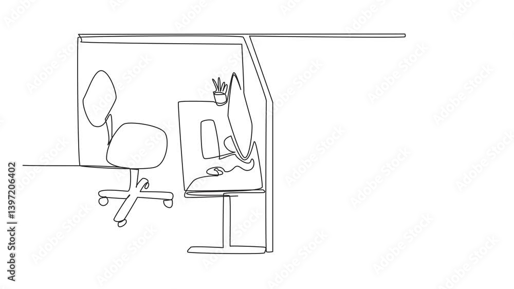 Aufkleber animation of single continuous line drawing cubicle office facing each other. designed for easy coor