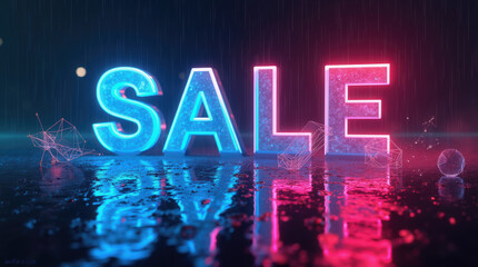 Bright neon letters spell out sale on a glossy surface under the night sky, creating a lively atmosphere. The colors blend beautifully in the rain, enhancing the vibrant display