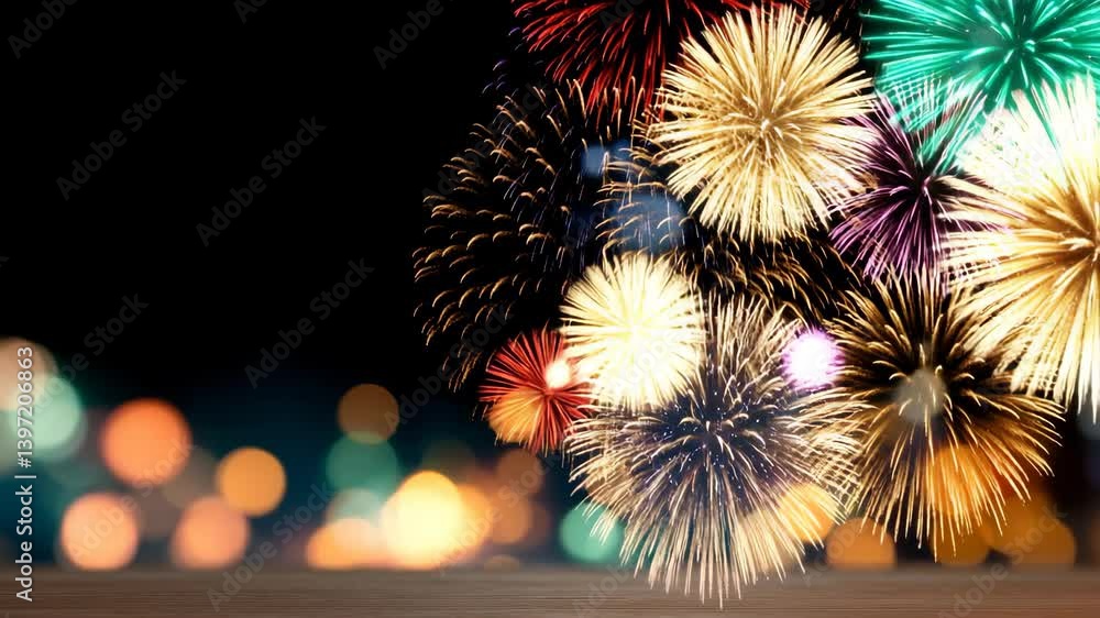 Poster vibrant display of colorful fireworks lights up night sky, creating festive and celebratory atmosphe