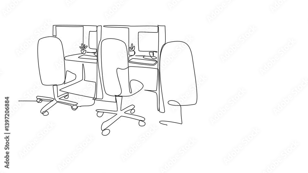 Poster animated self drawing of continuous one line drawing cubicle office with 3 boxes in a row. design ro