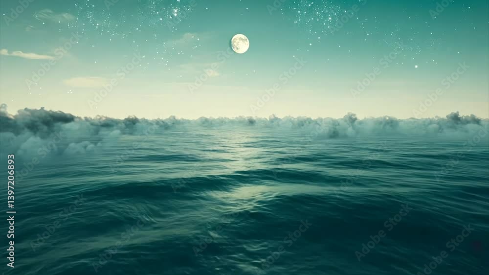 Poster serene moonlit ocean scene with a layer of clouds