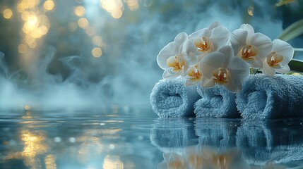 A peaceful and luxurious spa setting that includes candles, flowers, rolled towels, and more flowers provides the perfect serene atmosphere for relaxation and wellness, often associated with concepts