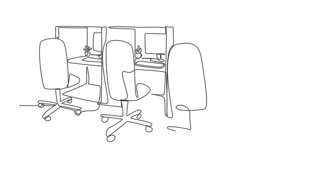 Animated self drawing of continuous one line drawing cubicle office with 3 boxes in a row. Design room as for operators. Comfort while working is priority. National Cubicle Day. Full length animation