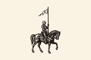 Medieval knight on horseback holding a flag, vintage engraving style
