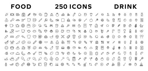 Food and drink icon collection set. Thin outline icons. Meat, milk, noodle, soup, bread, egg, cake, sweets, fruits, vegetables, drinks, nutrition, pizza, fish, sauce, cheese icon