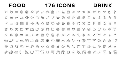 Food and drink icon collection set. Thin outline icons. Meat, milk, noodle, soup, bread, egg, cake, sweets, fruits, vegetables, drinks, nutrition, pizza, fish, sauce, cheese icon