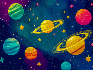 A stunning display of colorful planets and twinkling stars fills the canvas, creating an enchanting atmosphere of the cosmos. The rich hues of deep space evoke imagination and wonder