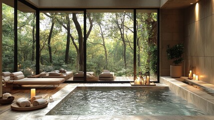 Luxurious spa facilities include a tranquil pool and massage tables for a rejuvenating experience