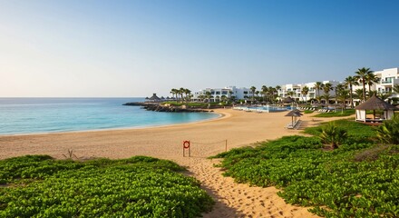 Naklejka premium Serene beach scene bright sunlight golden sand. AI Generated