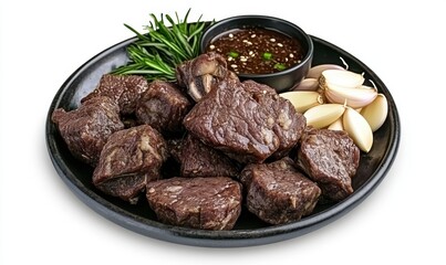 Seared beef cubes, garlic, rosemary, sauce; food photography for recipe websites