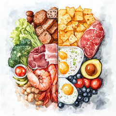 vibrant watercolor painting showcases delightful assortment of fresh foods including vegetables, seafood, and meats. This artwork beautifully captures essence of healthy eating