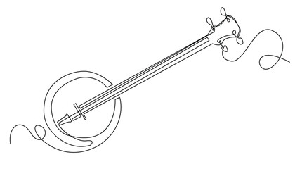 Banjo One Line Drawing, Isolated on White Background
