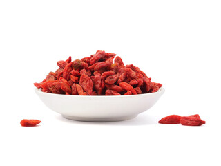 Dried goji berries in bowl isolated on white background