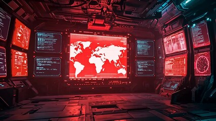 Red-lit control room displays global network data - Powered by Adobe