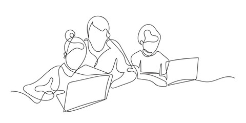 Continuous Line Drawing of Children Studying on Laptops