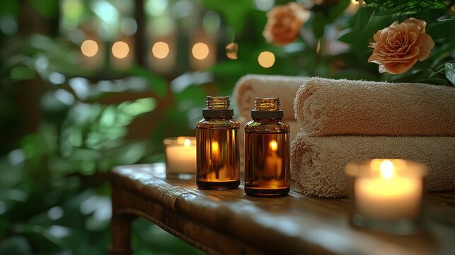 A tranquil environment is established in the spa through the use of candles, towels, and essential oils