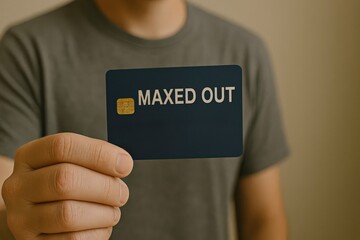 financial trouble income concept. A person holding a credit card labeled "MAXED OUT.