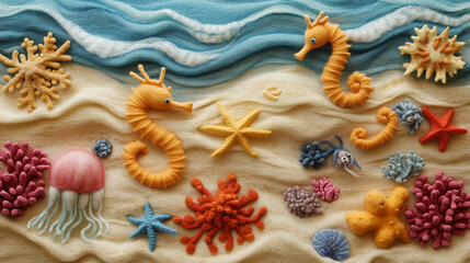 Naklejka premium Colorful Felt Textured Seahorse and Coral Composition in Underwater Sand Scene