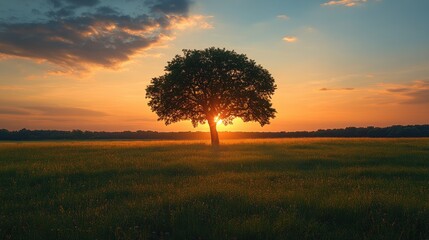 A solitary tree stands in a vast field, illuminated by a breathtaking sunset.