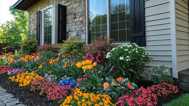 Vibrant spring flower garden bed beside house