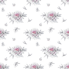 Monochrome pattern with painted  peones and leaves. Watercolor floral composition on a white background. For textile, wrapping paper  and wallpaper