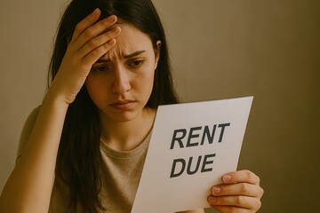 financial trouble income concept. A woman looks worried while holding a "Rent Due" notice.