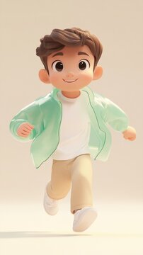 A cartoon character with brown hair wearing a light green jacket and beige pants, running with a joyful expression.