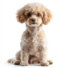 Cute small fluffy dog sitting on a white background with expressive eyes and curly fur, looking directly at the camera