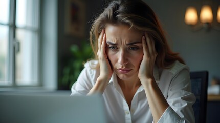 Fototapeta premium Worried Female Executive Facing Deadline Stress and Burnout Alone in Office