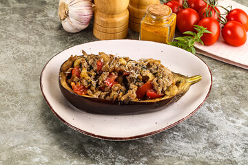 Baked eggplant stuffed meat and tomato