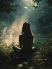 Fototapeta premium A woman sitting in a misty forest, surrounded by soft light, evoking a sense of peace and meditation.