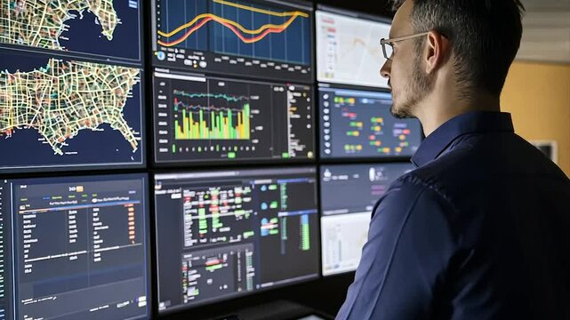 Man reviewing data on multiple screens displaying maps, charts, and graphs
