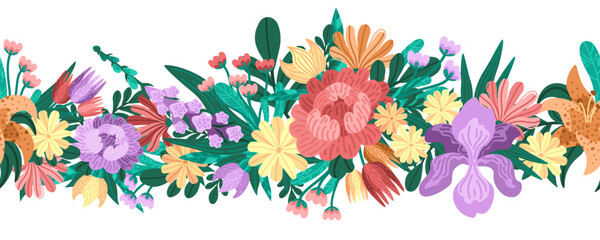 Decorative seamless border with garden flowers. Playful vector bunch with bright blossoms and leafy lush greens. Whimsical wildflower scene with textured petals. For spring-themed patterns and prints