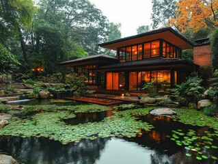 Fototapeta premium Modern house reflects in serene lily pad pond.