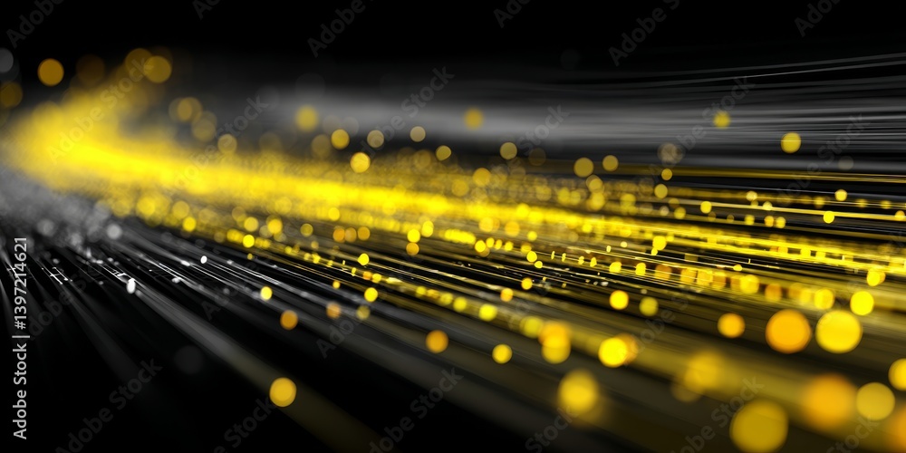 Poster abstract background with flowing particles and golden cybernetic lines. digital data stream
