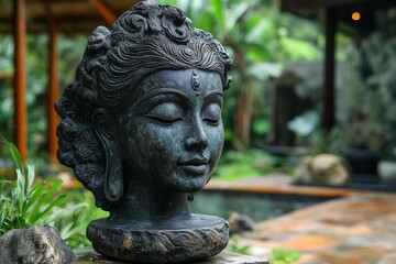 Bronze head gazes serenely in lush garden.