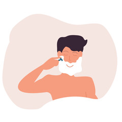 Man shaving unwanted facial hair growth with Razor and cream. Man care for facial growth does personal skincare routine vector illustration. Hygiene Procedure Shaving with Razor.