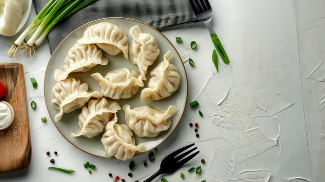 Savory dumplings arranged on a plate with chopped green onions and spices nearby, perfect for a satisfying meal anytime