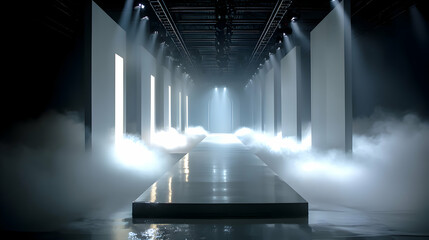 Illuminated runway platform bathed in mystic ambiance for fashion presentation