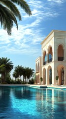 Fototapeta premium Luxurious Mansion with Swimming Pool and Palm Trees