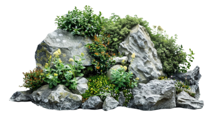 Cutout rock surrounded by wild flowers. Garden design isolated on white or transparent background. Flowering shrub and green plants for landscaping. 
