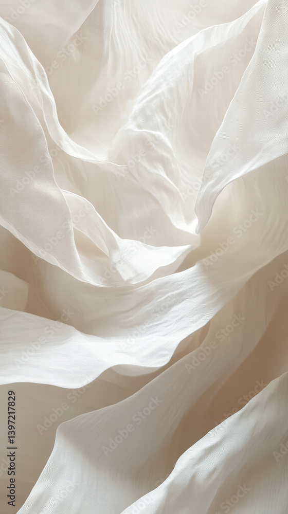 Poster ethereal textile: delicate layers of a sheer fabric ripple and flow, creating a soft, dreamy display