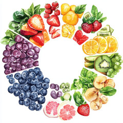 Fresh and vibrant watercolor painting of assorted fruits arranged in circular pattern showcasing grapes strawberries lemons and more creating delightful visual feast for eyes