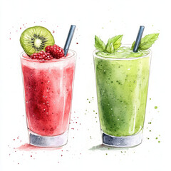 Refreshing watercolor painting of two vibrant smoothies, one red with raspberries and kiwi, and other green with mint, showcasing delightful blend of colors and textures
