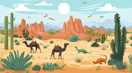 A desert landscape featuring camels, lizards, and cacti.