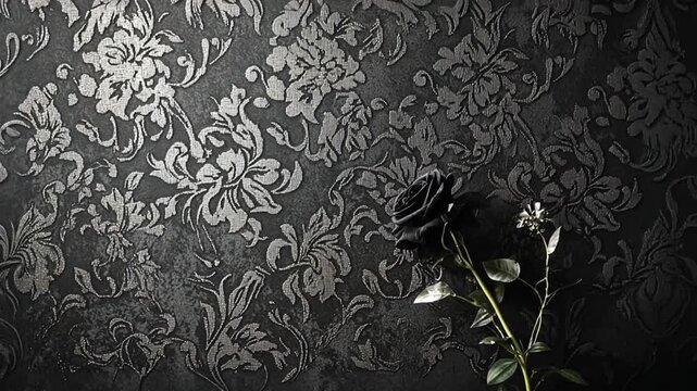 Elegant black rose against a textured floral wallpaper, creating a dramatic and moody atmosphere
