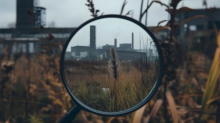Green Grass Arrow Pointing Upward in Focused Industrial Landscape