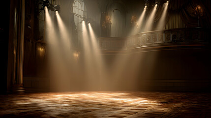 Illuminated stage bathed in light rays, creating a theatrical atmosphere